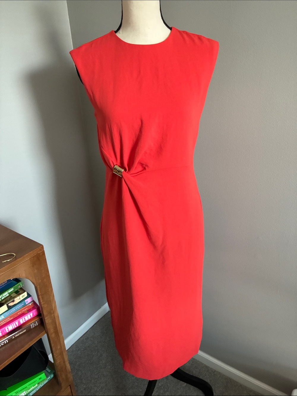 Ann Taylor Coral-Red Midi Dress with Side Twist Detail